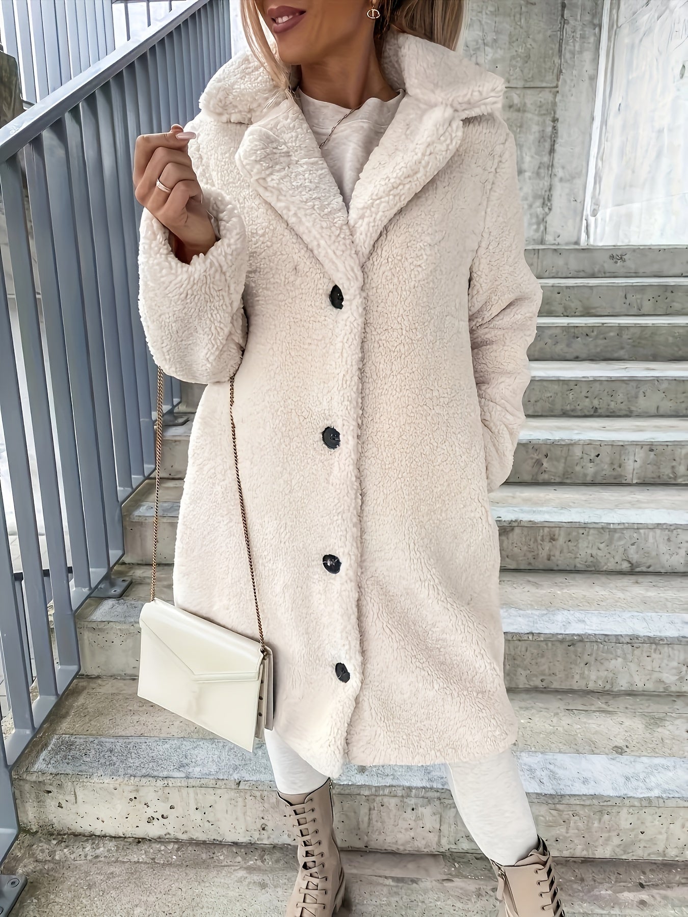 xieyinshe  Fuzzy Mid Length Trench Coat, Casual Button Front Long Sleeve Outerwear, Women's Clothing