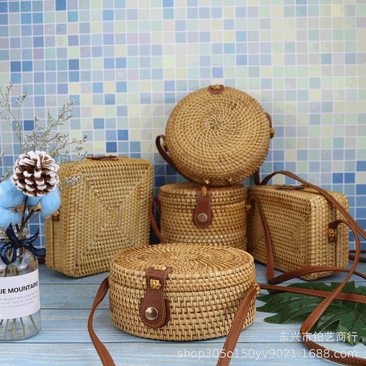 XIEYINSHE INS Wholesale Vietnam Rattan Weave Bag Hand-Woven Bag Straw Bag Small round Bucket Shoulder Crossbody Bag