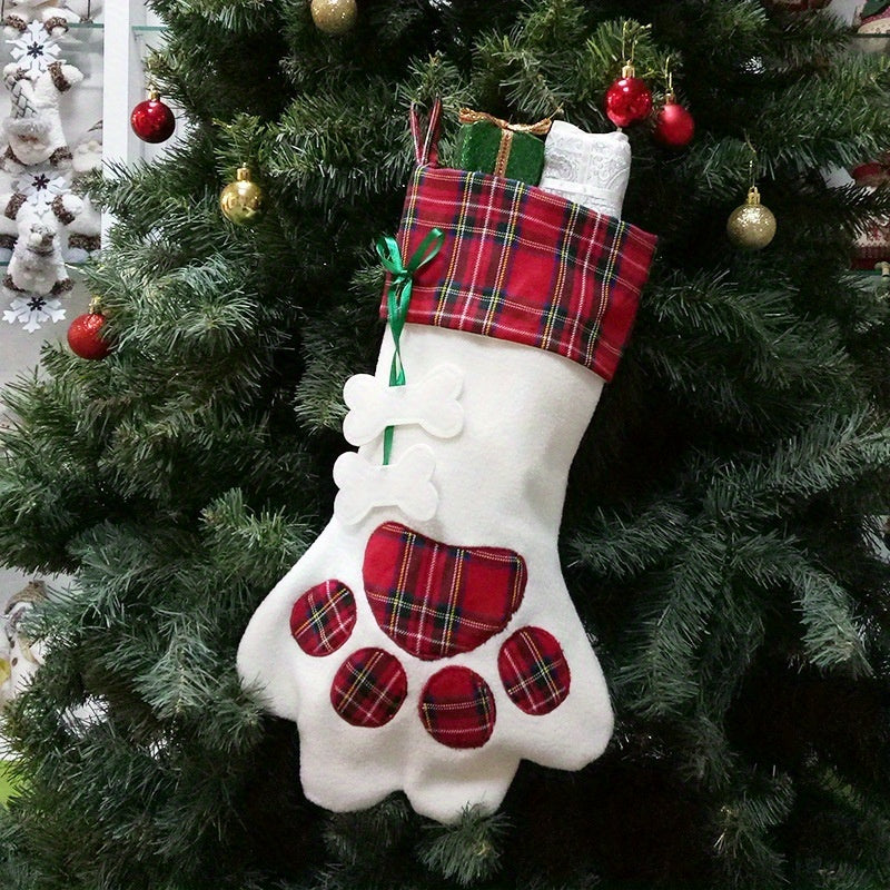 1pc Adorable Christmas Gingham Goody Bag Pet Stocking - Hanging Dog Paw Decorations for Christmas Tree - Cute Holiday Gift Idea for Pets