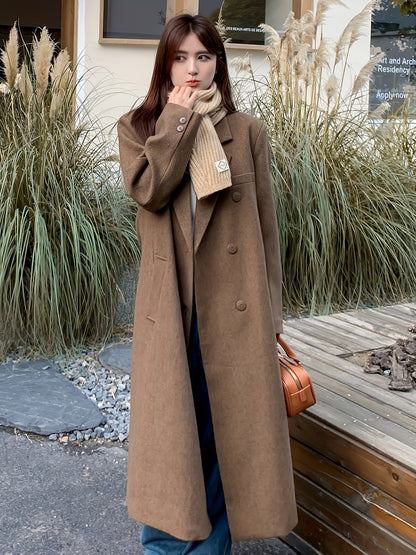 Notched Collar Double-breasted Coat, Casual Long Sleeve Midi Length Overcoat For Fall & Winter, Women's Clothing