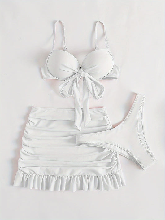 Three-Piece Beach Vacation Bikini Set - Stylish Tie-Front Top, Flirty Ruffle Hem Skirt, and Comfortable Swim Bottoms with Adjustable Straps, Perfect for Summer Getaways and Pool Parties