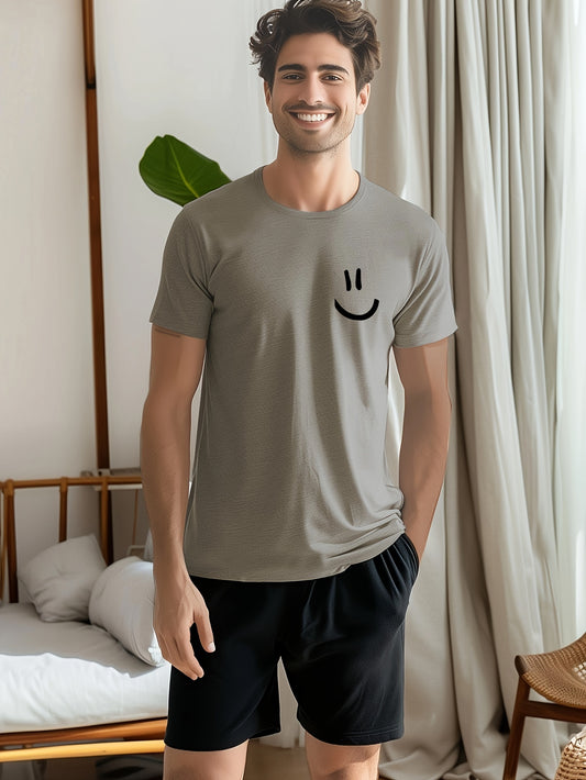 Men's Smile Face Print Short Sleeve Pajama T-Shirts, Fashion Design With Solid Color & Crew Neck, For Summer Sleep Wear