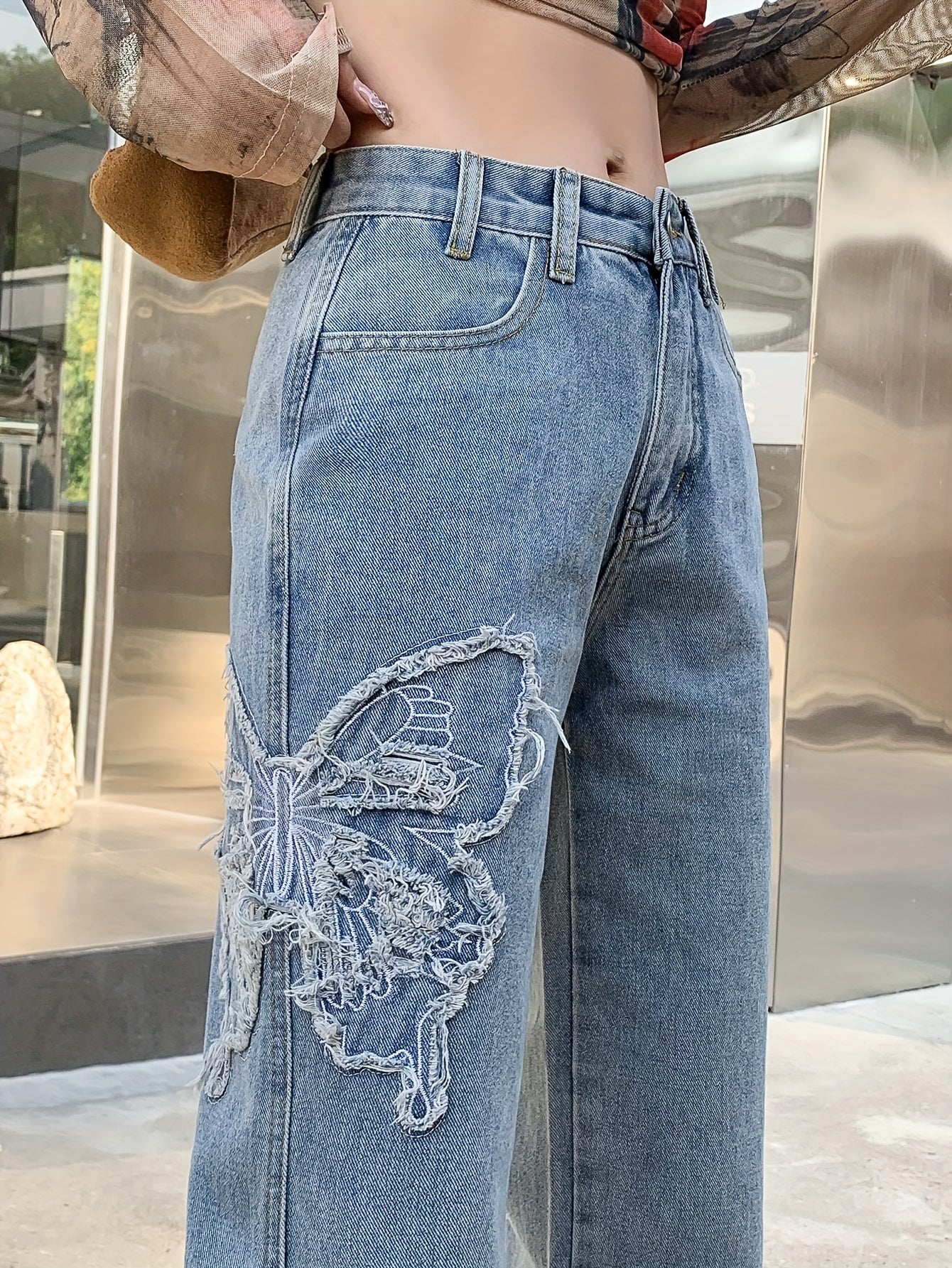 xieyinshe  Butterfly Embroidered Bootcut Jeans, Loose Casual Slant Pocket Fashion Denim Pants, Women's Denim Jeans & Clothing