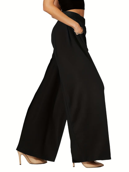 Plus Size Casual Pants, Women's Plus Solid Elastic High Rise Medium Stretch Wide Leg Trousers With Pockets