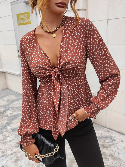 Floral Print Tie Front Blouse, Casual Long Sleeve Blouse For Spring & Fall, Women's Clothing