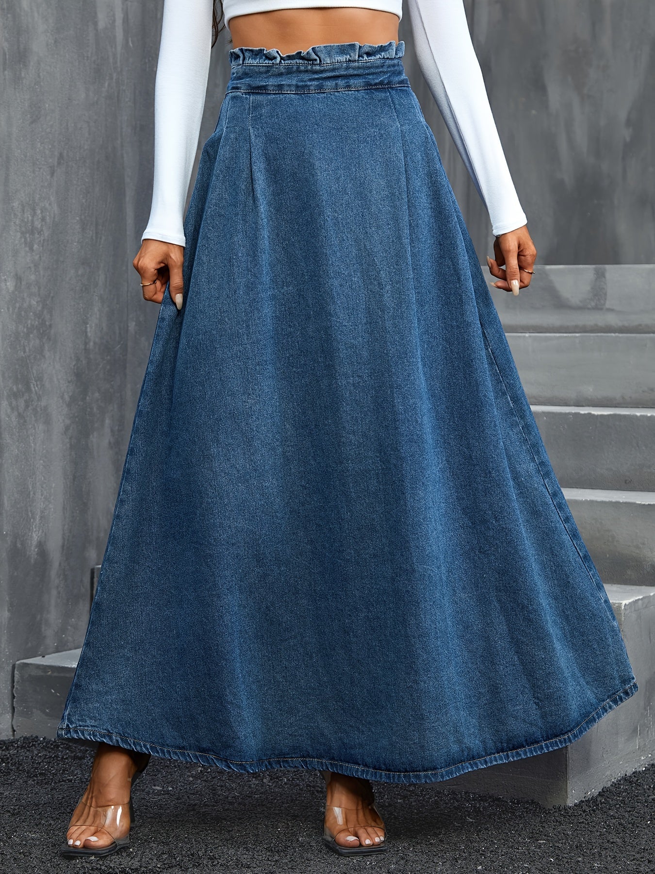 xieyinshe  Blue Paperbag Waist Denim Maxi Skirt, Non-Stretch Elegant Denim Skirt, Women's Denim Clothing