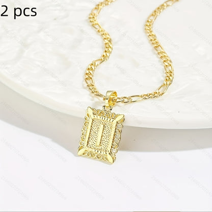 2 pcs Personalized Initial Letter Pendant Necklace - 18K Gold Plated Square Capital Monogram in Figaro Chain - Fashionable Alloy Necklace for Men and Women with A-Z Alphabet Options