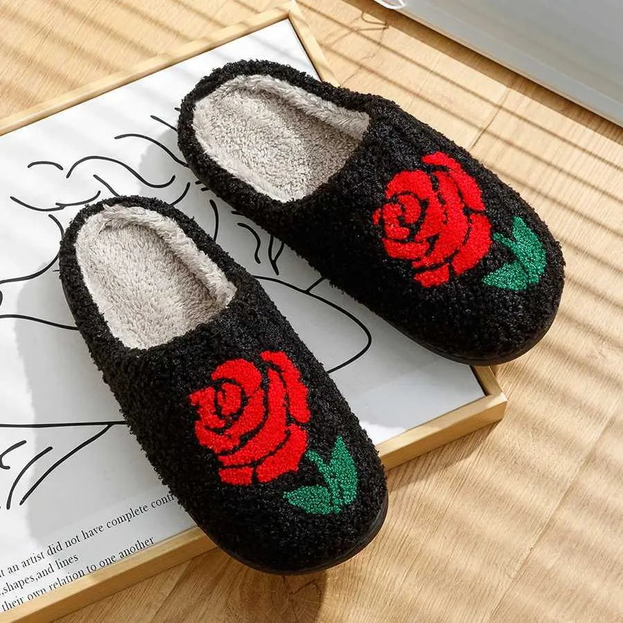 Slippers Womens Slippers Home Rose Embroidery Fuzzy Romantic Love Gifts for Girlfriends Winter Indoor Anti Slip Comfortable Houseshoes