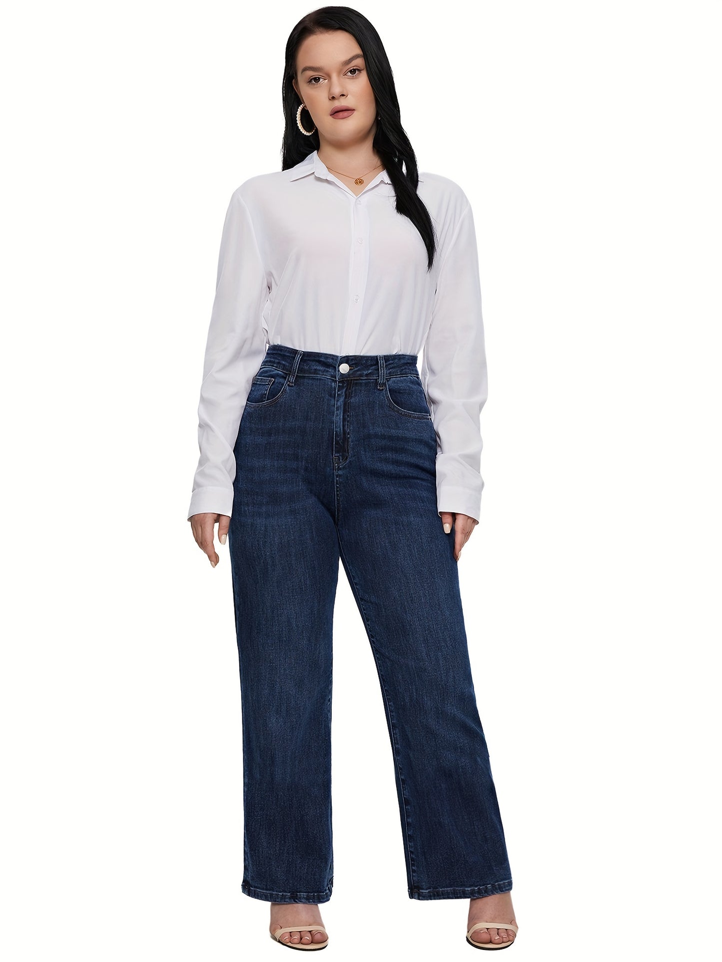 xieyinshe  Plus Size Basic Jeans, Women's Plus Washed Button Fly High Rise Medium Stretch Wide Leg Jeans