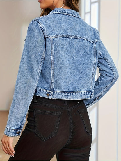 xieyinshe  Blue Long Sleeves Denim Jackets, Single-Breasted Button Flap Pockets Lapel Denim Coats, Women's Denim Clothing