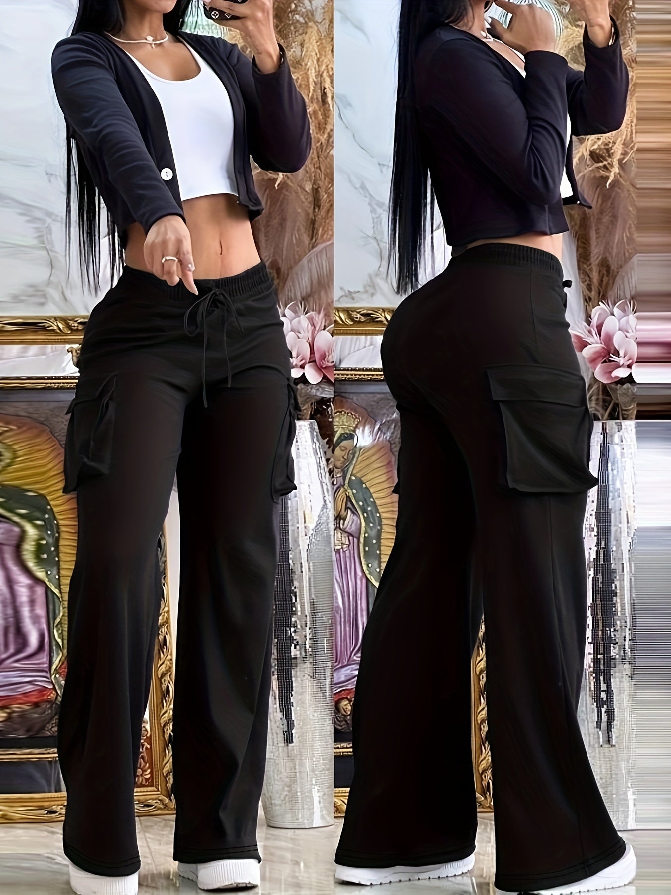 xieyinshe  Plus Size Casual Pants, Women's Plus Solid Elastic Drawstring Wide Leg Cargo Pants