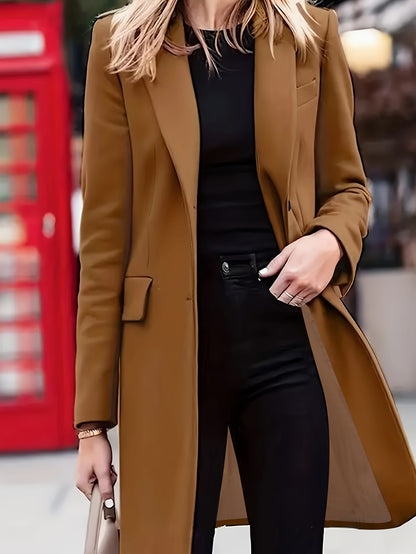 xieyinshe  Plus Size Elegant Trench Coat, Women's Plus Solid Long Sleeve Single Breast Button Lapel Collar Longline Trench Coat With Flap Pockets