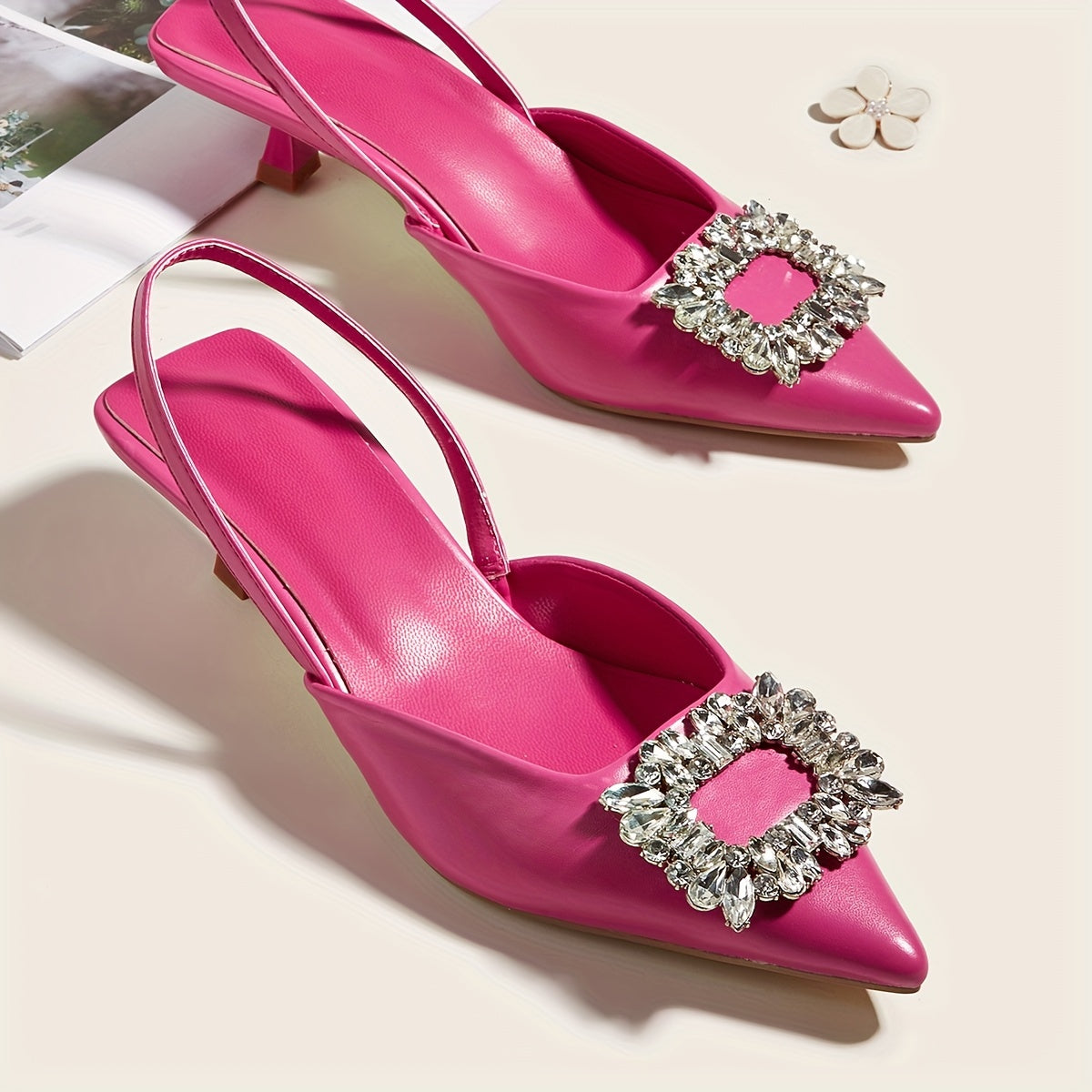 Chic All-Season Pointed-Toe Slingback Heels with Crystal Accents – Comfortable Faux Leather Sandals with Elastic Strap