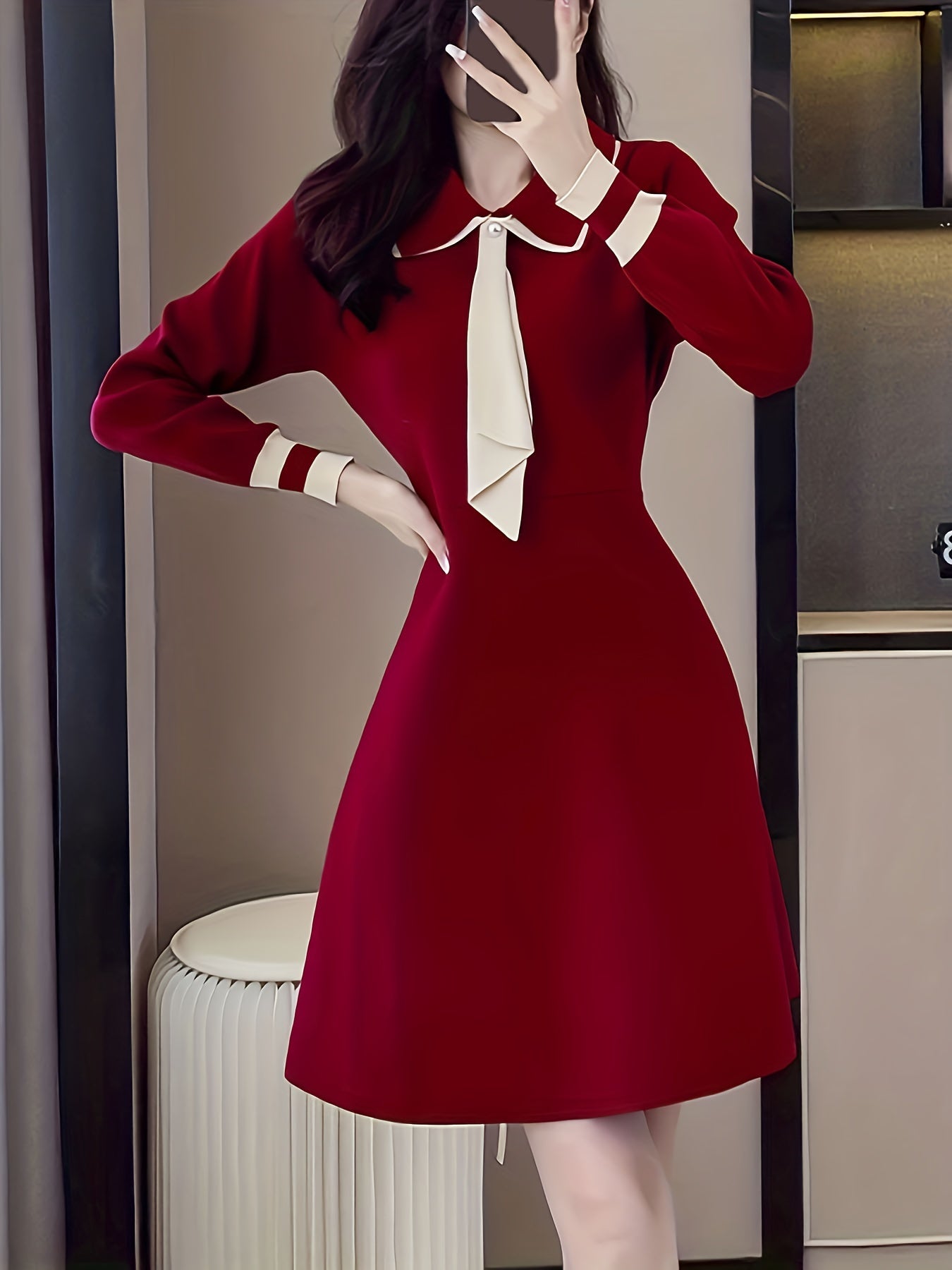 xieyinshe  Tie Neck A Line Dress, Elegant Long Sleeve Midi Dress, Women's Clothing