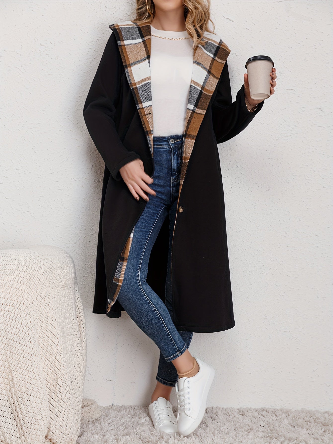 xieyinshe  Plus Size Elegant Coat, Women's Plus Colorblock Plaid Print Button Up Long Sleeve Hoodie Longline Woolen Coat