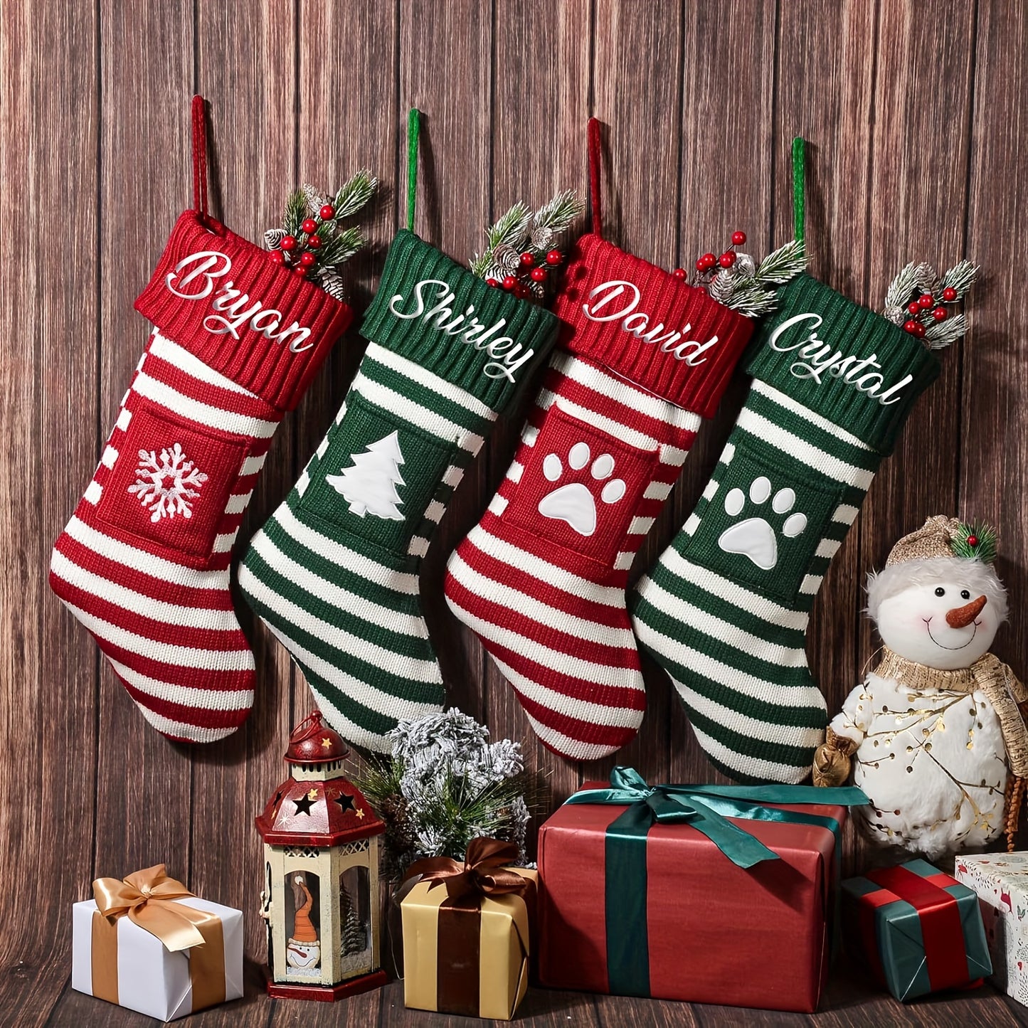 1pc Cozy Festive Knitted Striped Christmas Stocking Sock Gift Bag - Decorative Holiday Home Decorations with Soft Fabric and Traditional Design