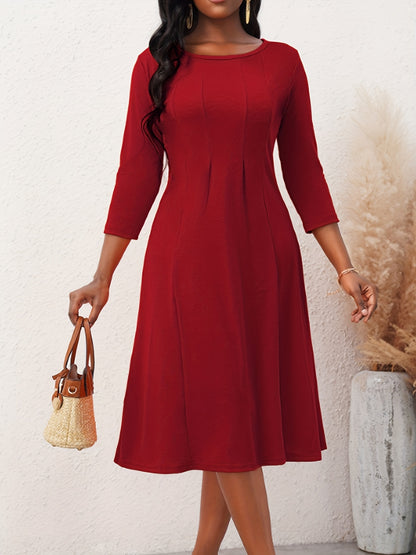 Solid 3/4 Sleeve Dress, Elegant Crew Neck Bodycon Midi Dress, Women's Clothing