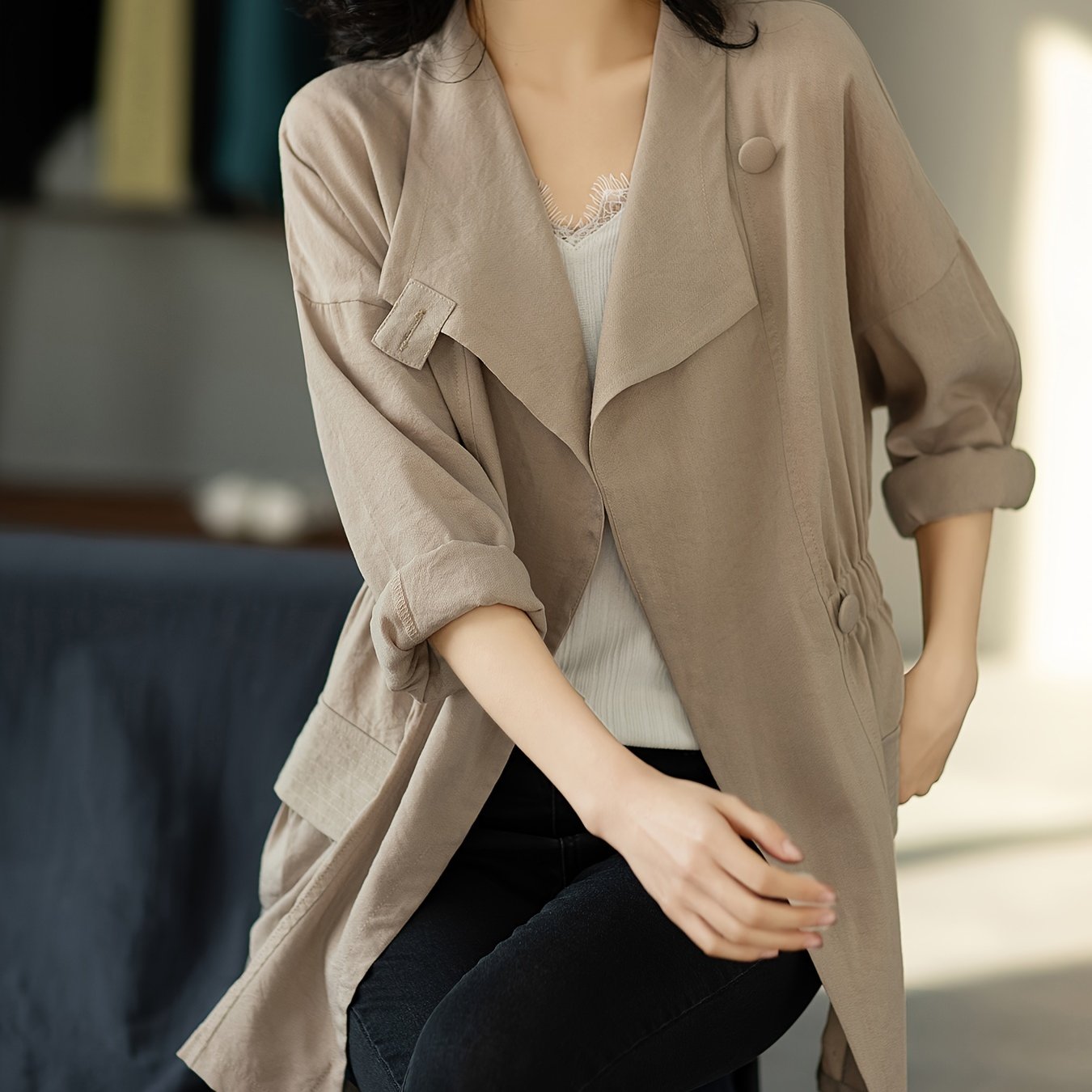 xieyinshe  Plus Size Solid Pocket Coat, Casual Collared Long Sleeve Outwear For Fall & Spring, Women's Plus Size Clothing