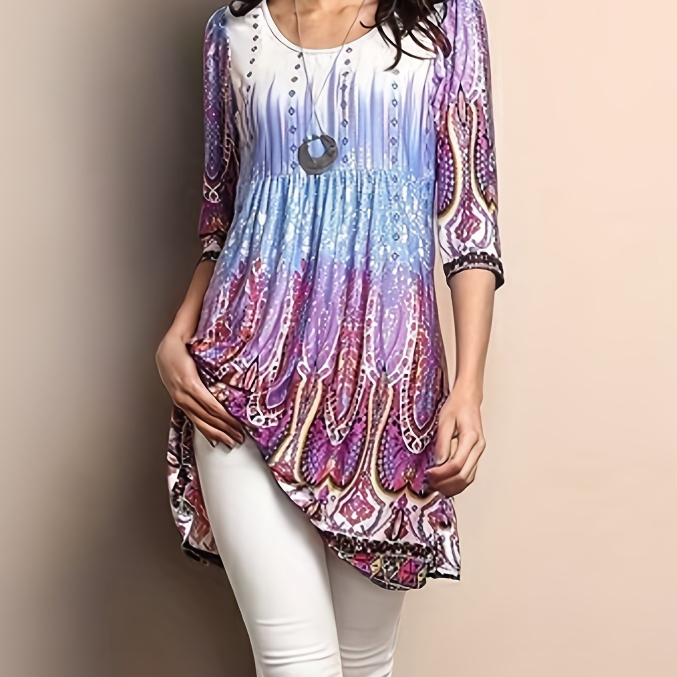 Ethnic Print 3/4 Sleeve Dress, Casual Crew Neck Ruched Mini Dress, Women's Clothing