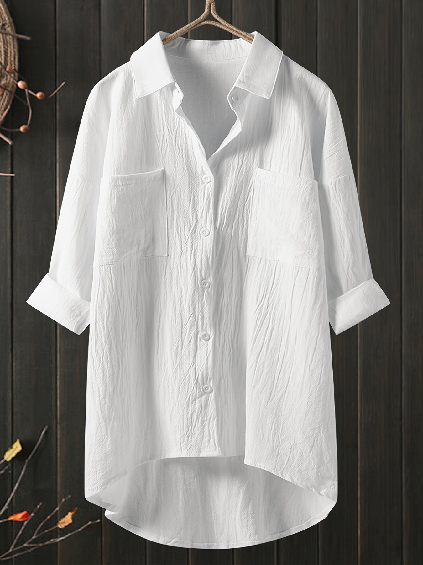 Dual Pockets Drop Shoulder Shirt, Casual Button Long Sleeve Shirt For Spring & Fall, Women's Clothing