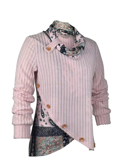 xieyinshe  Contrast Paisley Cowl Neck Tunics, Elegant Long Sleeve Button Decor Outwear, Women's Clothing