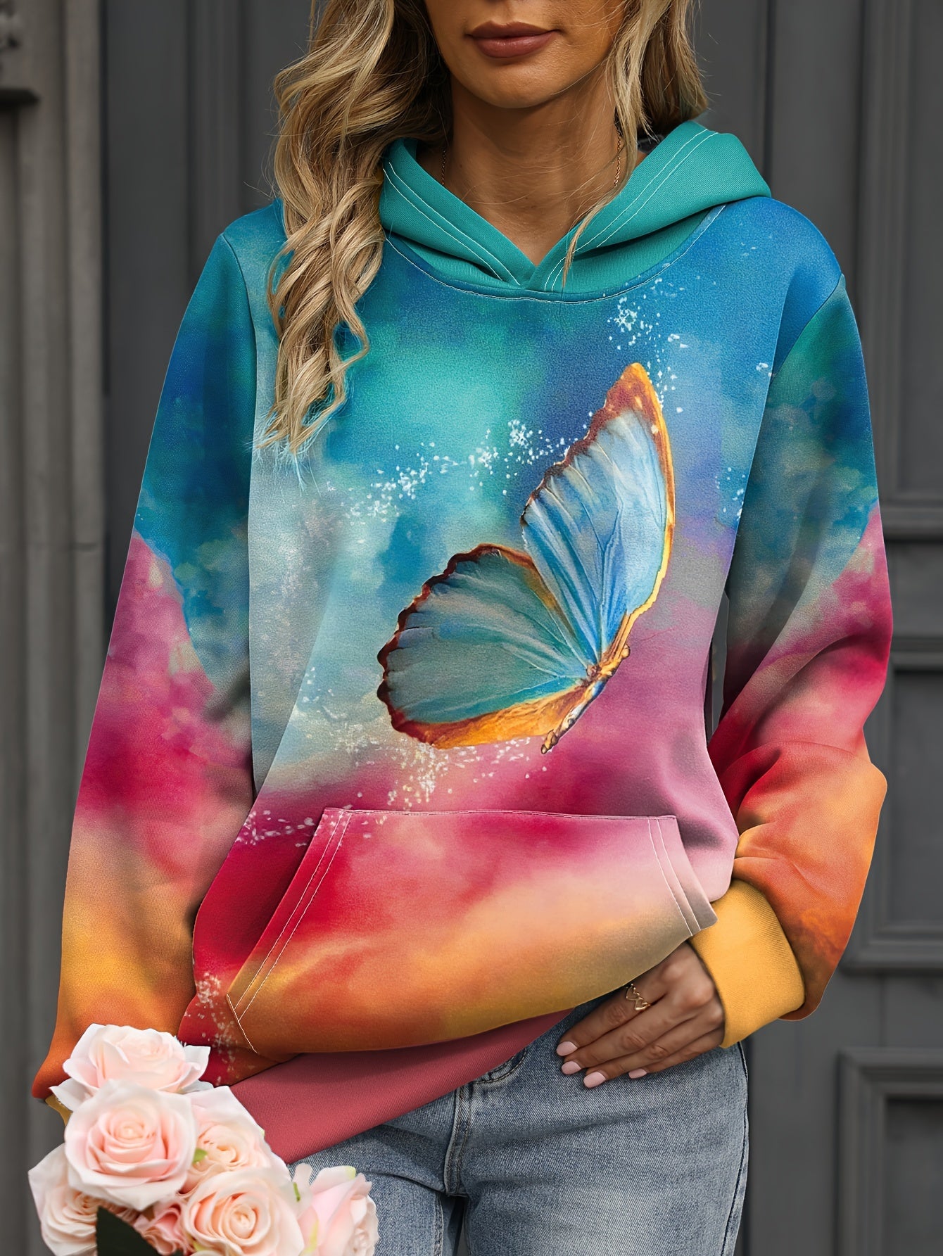 xieyinshe  Butterfly Print Kangaroo Pocket Hoodies, Casual Long Sleeve Tie Dye Versatile Sweatshirt, Women's Clothing