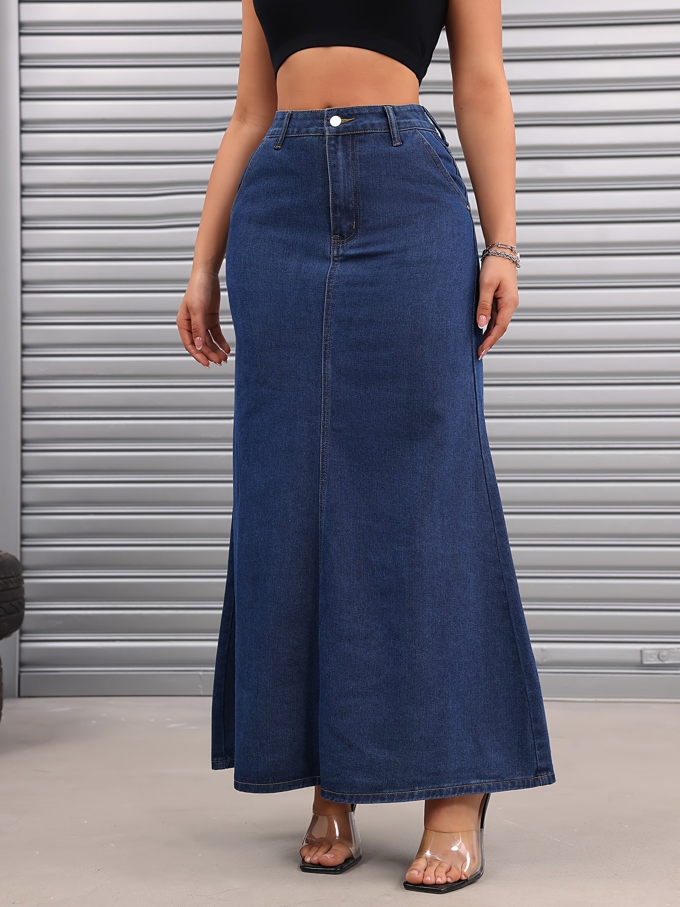 xieyinshe  Slant Pockets Casual Denim Maxi Skirt, Non-Stretch Versatile Denim Skirt, Women's Denim Clothing
