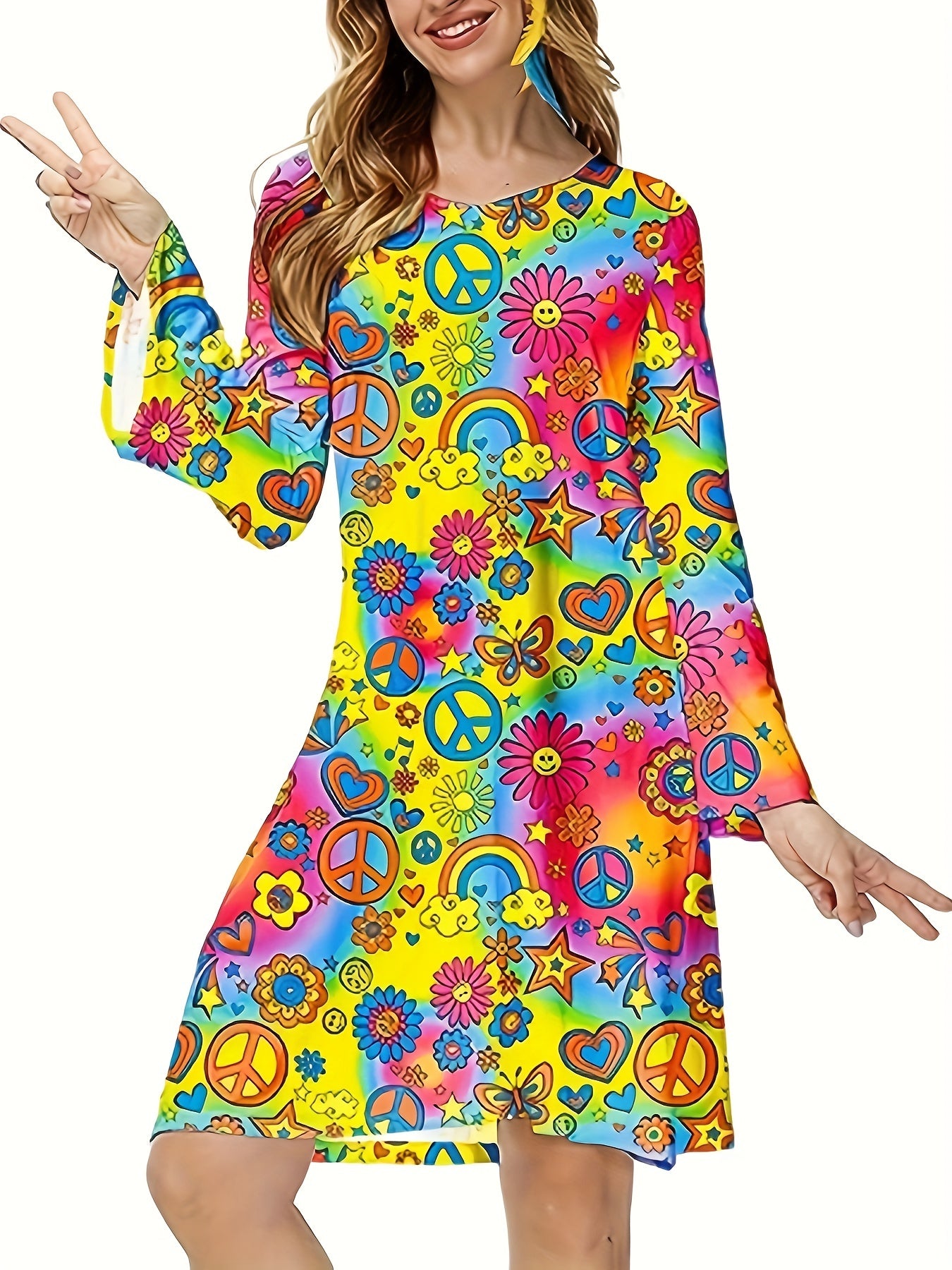 xieyinshe  70s Hippie Halloween Costume Dress, Vintage Floral Flared Long Sleeve Party Dress, Women's Clothing