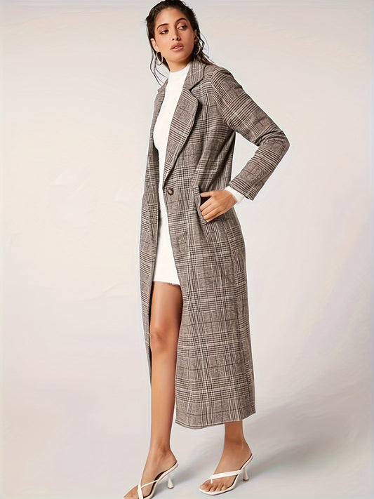 xieyinshe  Plaid Print Button Notched Collar Coat, Casual Long Sleeve Mid Calf Length Coat For Fall & Winter, Women's Clothing