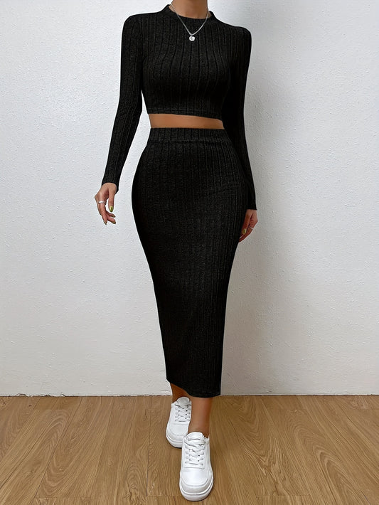 xieyinshe  Ribbed Knitted Two-piece Skirt Set, Crew Neck Long Sleeve Crop Top & Bodycon Skirts Outfits, Women's Clothing