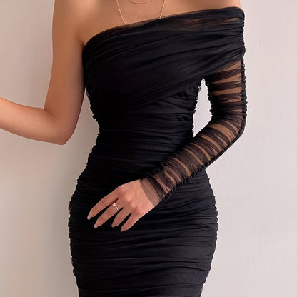 Ruched Slim Mesh Dress, Sexy One Shoulder Long Sleeve Party Dress, Women's Clothing