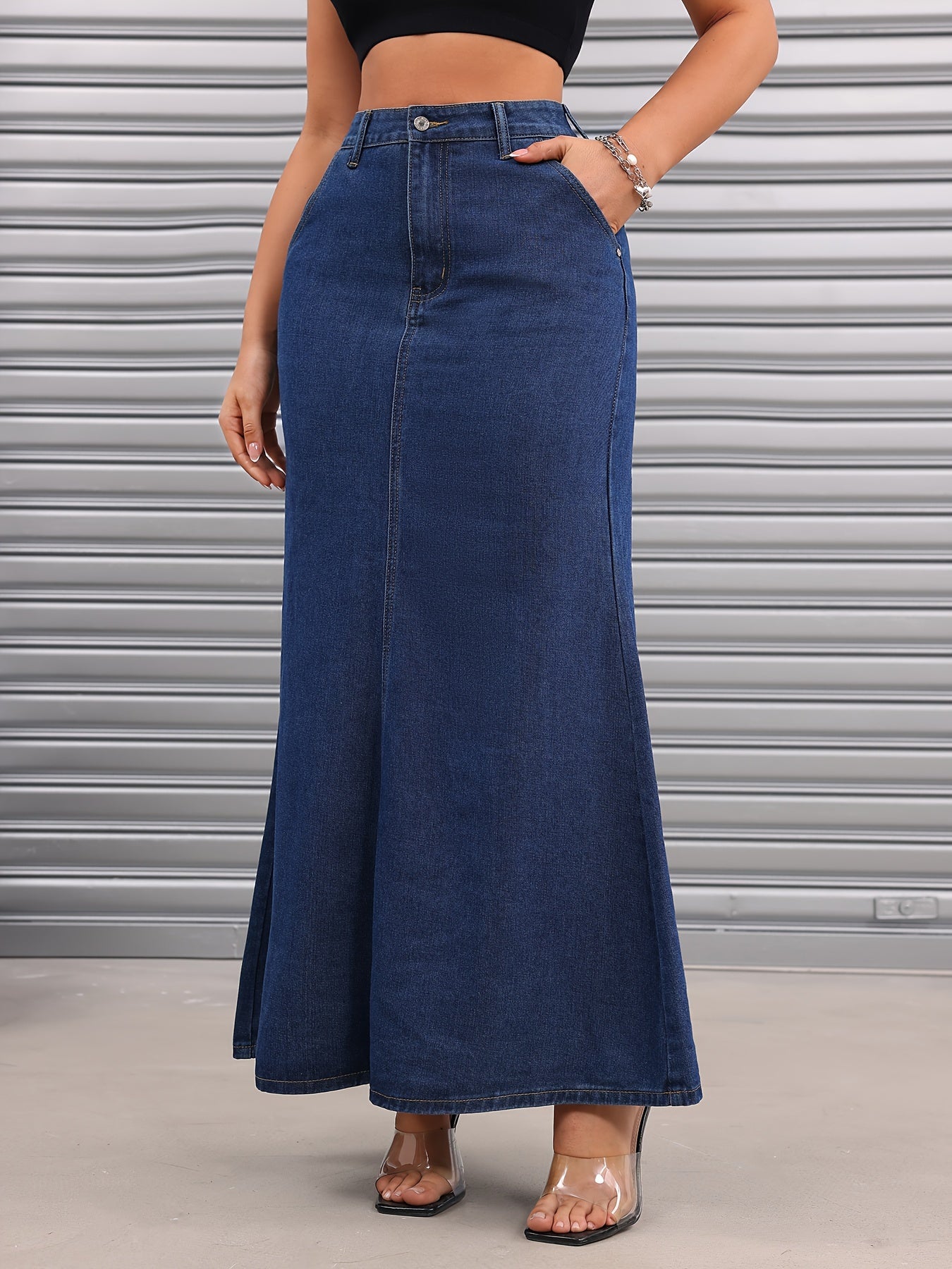 xieyinshe  Slant Pockets Casual Denim Maxi Skirt, Non-Stretch Versatile Denim Skirt, Women's Denim Clothing