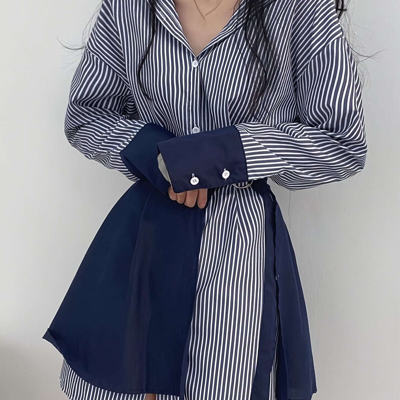 xieyinshe Stripe Print Button Front Wrap Dress, Stylish Cuff Sleeve Lapel A-line Dress, Women's Clothing