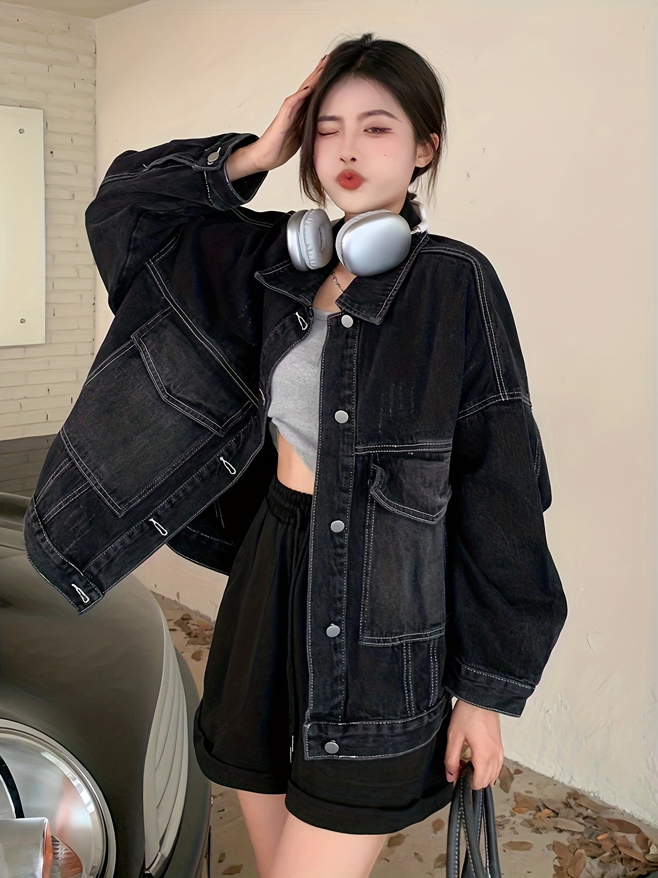 xieyinshe  Black Long Sleeves Denim Jackets, Flap Pockets Non-Stretch Lapel Denim Coats, Women's Denim Clothing