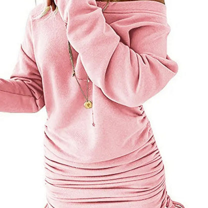 Solid Drawstring Pullover Sweatshirt Dress, Casual Ruched Long Sleeve Sweatshirt Dress, Women's Clothing