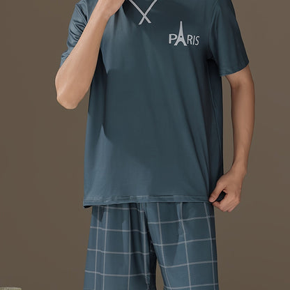 2 Pcs Mens Pajama Sets - Stylish Letter Pattern Short Sleeve T-Shirts & Soft Plaid Shorts, Gentle Style for Relaxed Fit, Ultra-Soft Fabric, Perfect for Mens Summer Lounging and Relaxation, Ideal Cozy Loungewear for Warm Weather