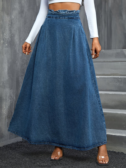 xieyinshe  Blue Paperbag Waist Denim Maxi Skirt, Non-Stretch Elegant Denim Skirt, Women's Denim Clothing