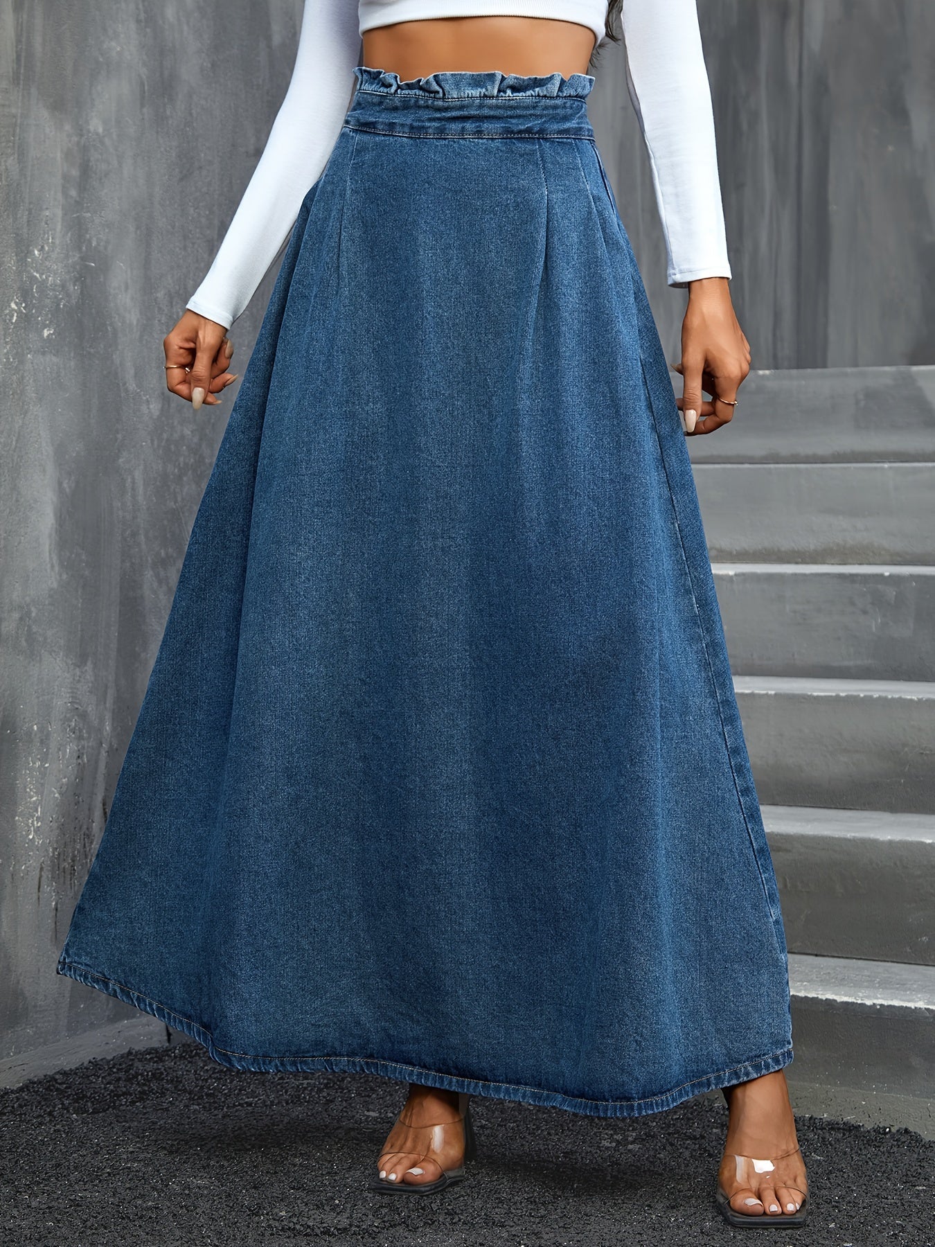 xieyinshe Blue Paperbag Waist Denim Maxi Skirt, Non-Stretch Elegant Denim Skirt, Women's Denim Clothing