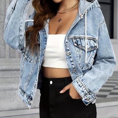 Blue Washed Hooded Denim Jackets, Long Sleeves Flap Pockets Non-Stretch Denim Coats, Women's Denim Clothing