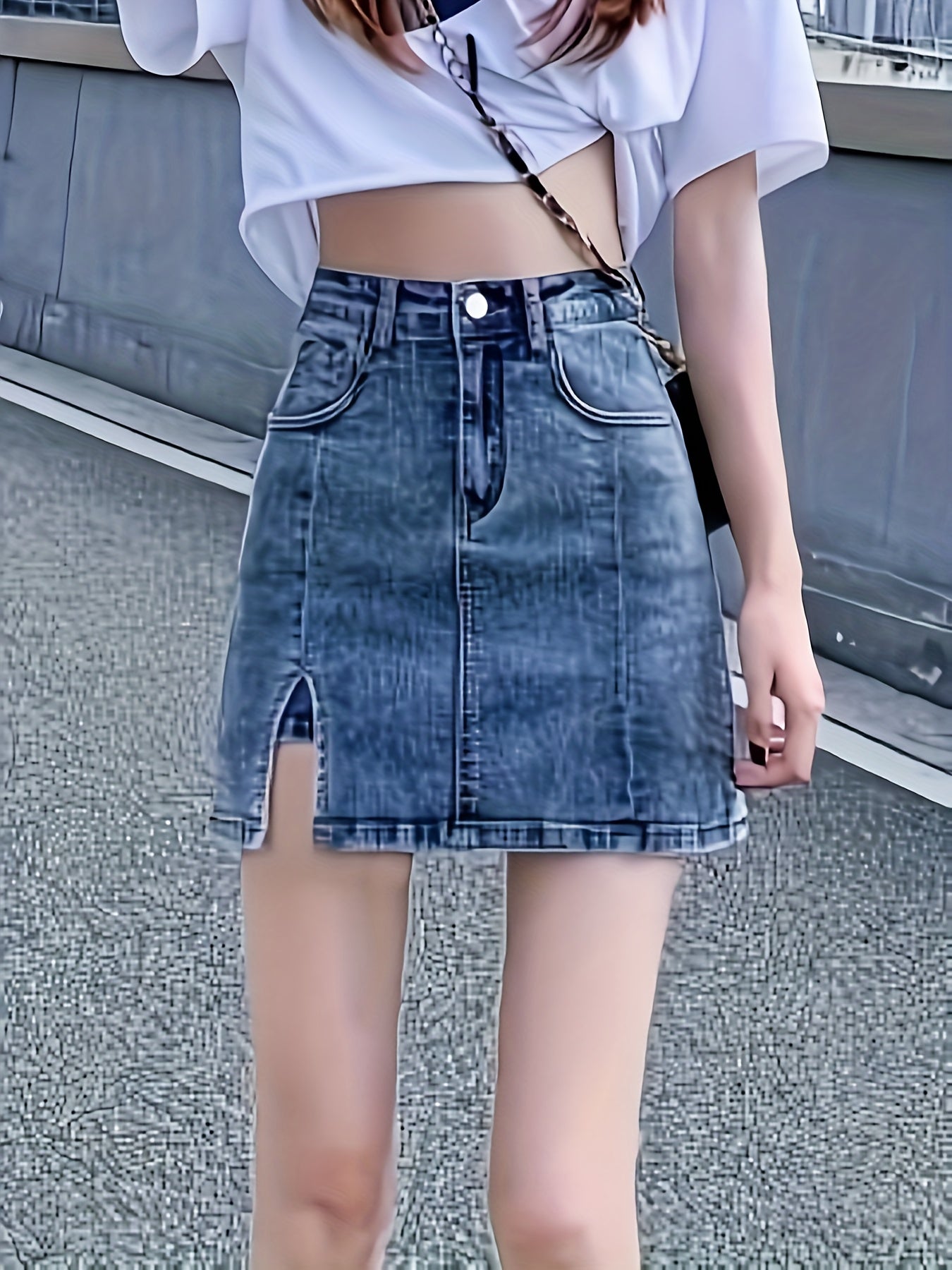 xieyinshe  Split Plain Washed Blue Mini Denim Skirt, Zipper Button Closure High Rise Denim Skorts, Women's Denim Jeans & Clothing