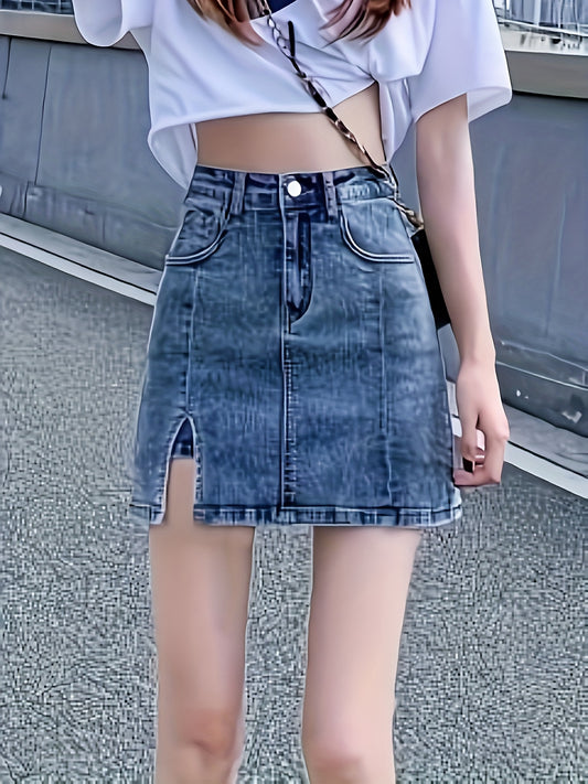 xieyinshe  Split Plain Washed Blue Mini Denim Skirt, Zipper Button Closure High Rise Denim Skorts, Women's Denim Jeans & Clothing