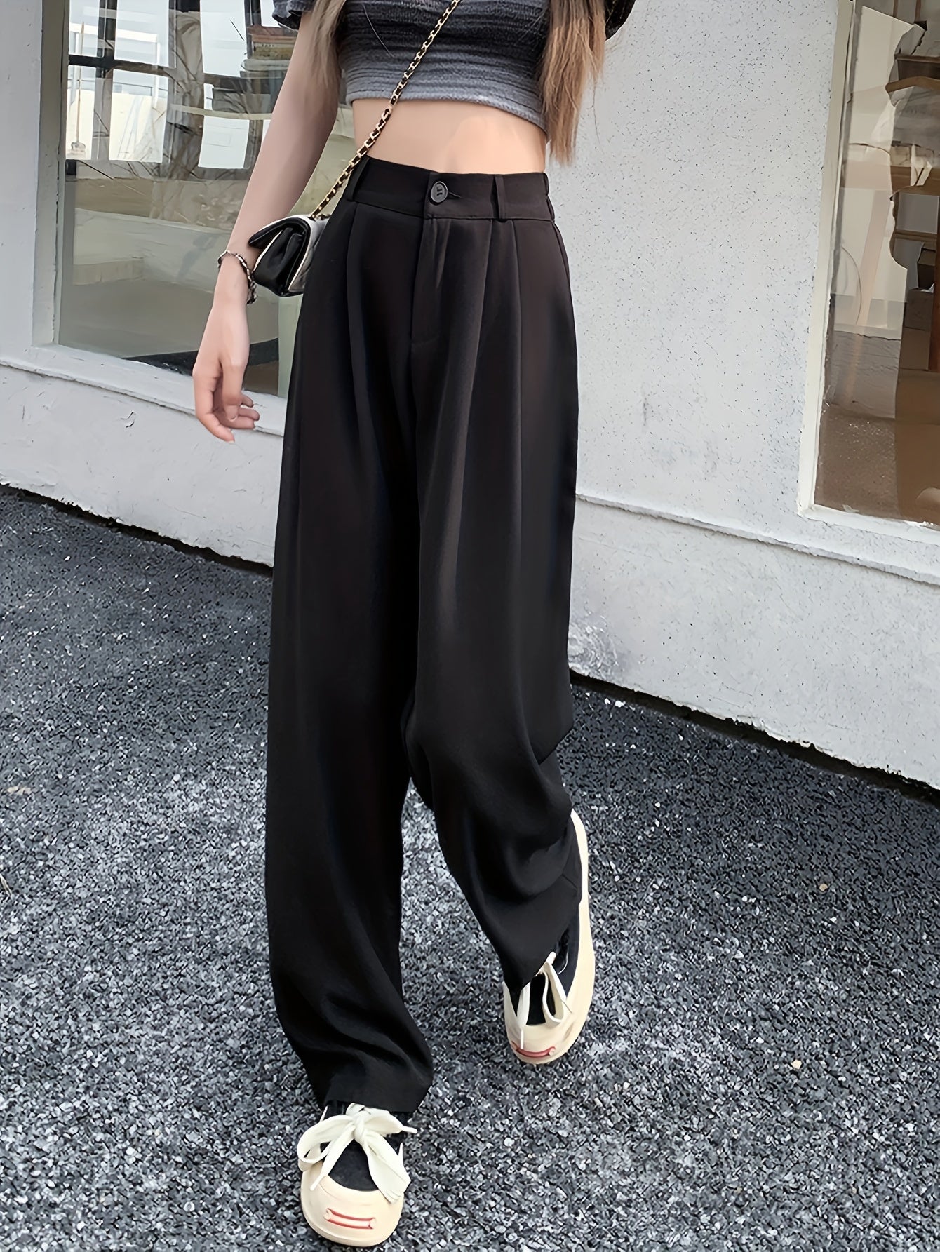 xieyinshe  Solid Draped Straight Leg Pants, Casual High Waist Loose Suit Pants, Women's Clothing