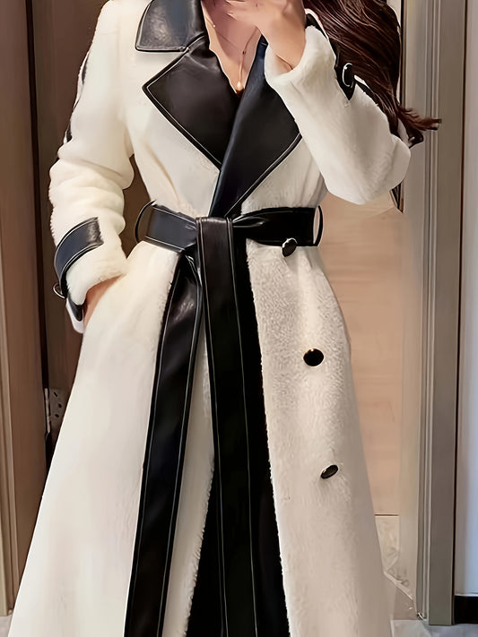 xieyinshe  Color Block Lapel Collar Belted Coat, Elegant Long Sleeve Plush Warm Outerwear, Women's Clothing