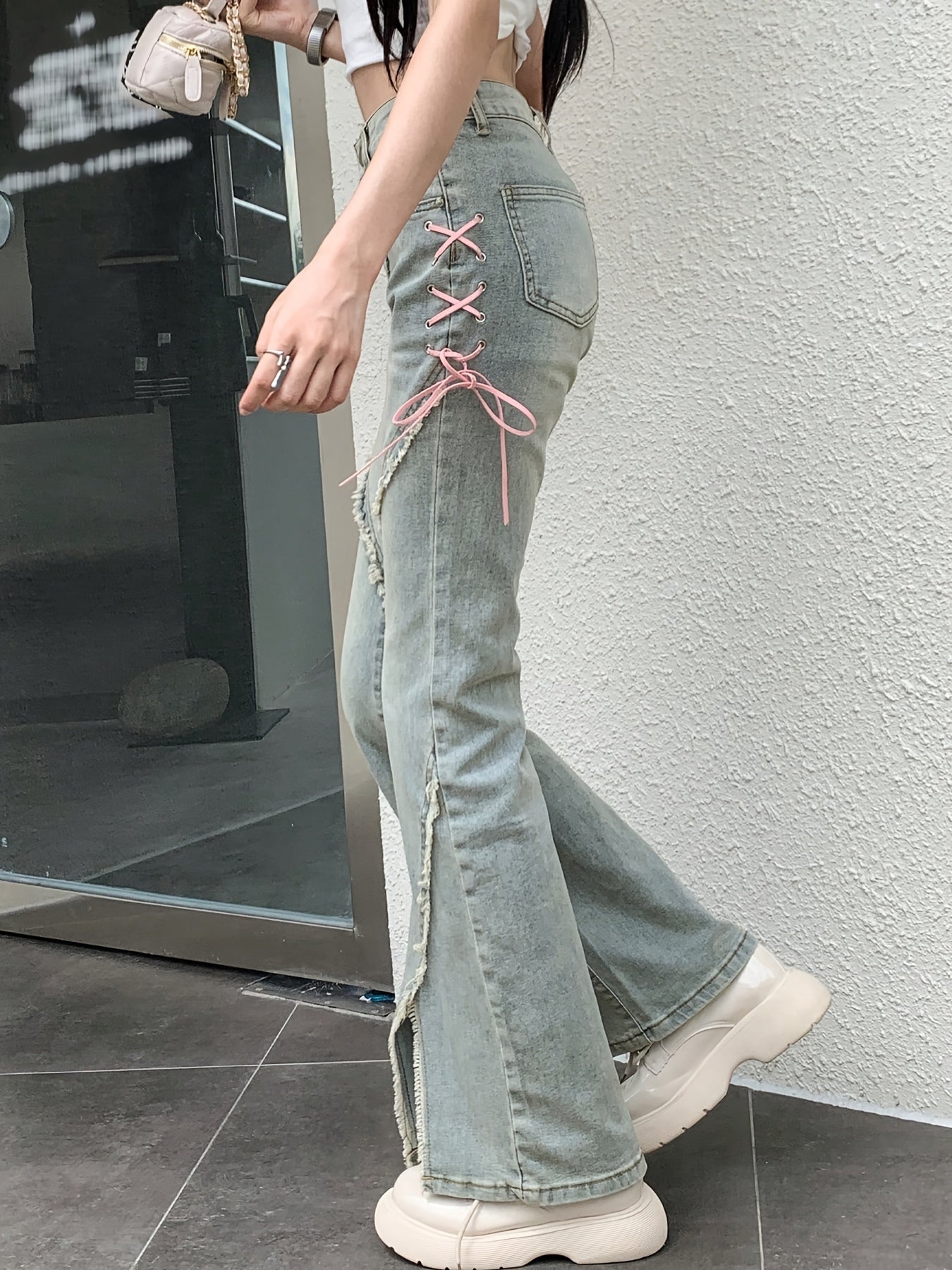 xieyinshe  Tie Side High Waist Flared Jeans, Split Front Raw Trim Washed Bell Bottom Denim Pants, Women's Denim Jeans & Clothing