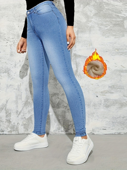 xieyinshe  Slim Fit Casual Skinny Jeans, Fleece Liner High Stretch Keep Warm Tight Jeans, Women's Denim Jeans & Clothing