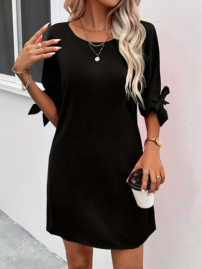 xieyinshe  Solid Color Knot Sleeve Dress, Casual Crew Neck Dress For Spring & Summer, Women's Clothing