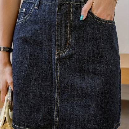 xieyinshe  Slash Pocket Washed Denim Skirts, Button Zipper Closure Loose Streetwear Denim Skirts, Women's Denim Clothing