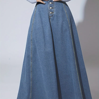 xieyinshe Single-Breasted Plain Maix Flare Denim Skirt, High Rise Washed Blue Retro Denim Skirt, Women's Denim Jeans & Clothing