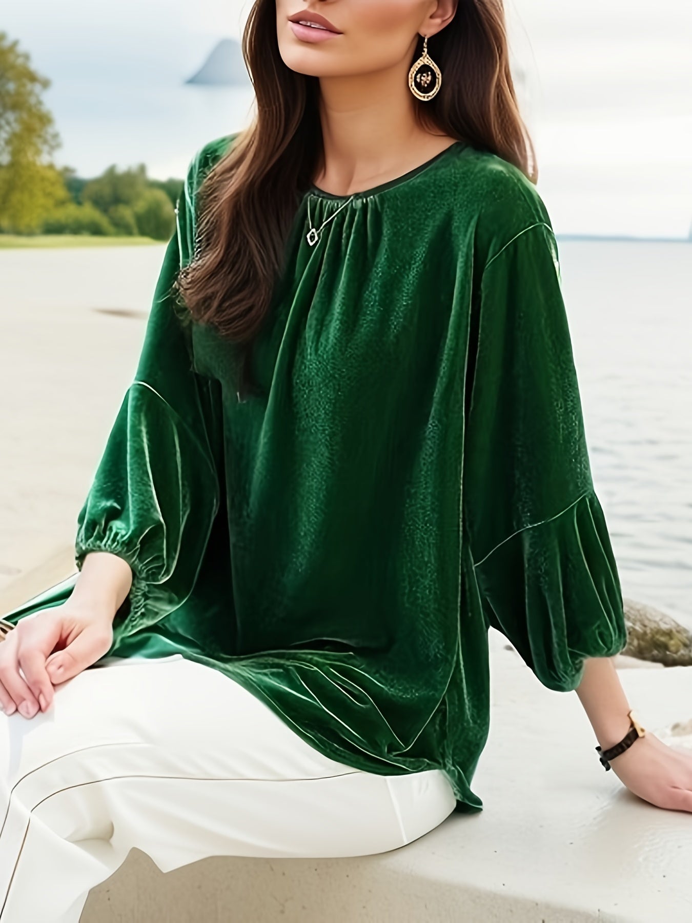 Lantern Sleeve Solid Blouse, Casual Crew Neck Versatile Blouse, Women's Clothing