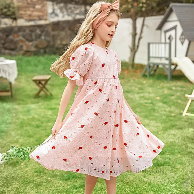 Big girls strawberry embroidery dresses old kids lace hollow falbala short sleeve dress summer teenagers pink princess clothes Z7001